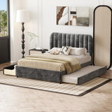 PVWIIK Upholstered Full Platform Bed with Trundle and Drawers for Bedroom, Living Room, Upholstered Soft Fabric Bedframe & Space Saving Design,No Box Spring Needed, Grey PVWIIK