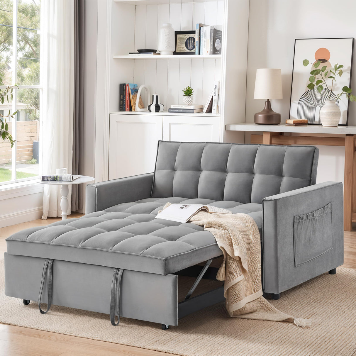 Gexpusm 3 in 1 Convertible Sleeper Sofa Bed, Modern Velvet Futon Couch Pullout Bed, Love Seat Lounge Sofa w/Reclining Backrest, Pockets, Grey Gexpusm