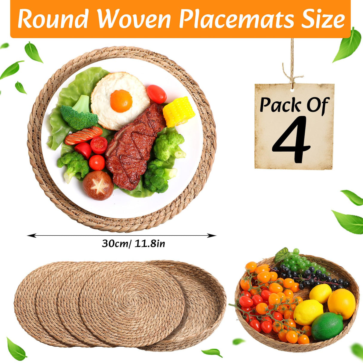 Gandeer Boho Placemats 4/6 Set of Round Woven Placemats Macrame Style Bicolor Stitching Long Table Runner Farmhouse Rustic Natural Burlap Cotton for Kitchen Dining Table Home(Brown,4 Sets) Gandeer