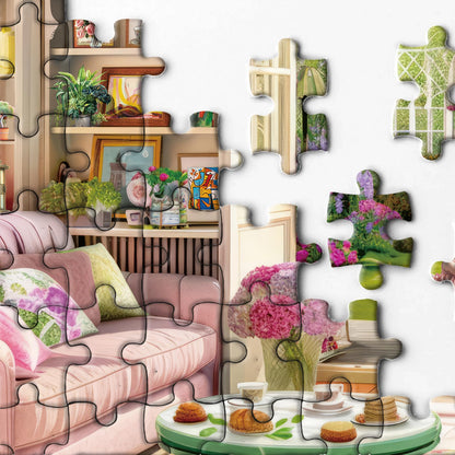 Tea Time Cabin Puzzle 1000 Piece for Adults, Book Cozytime Garden Jigsaw Puzzles, Dog Plant Puzzle