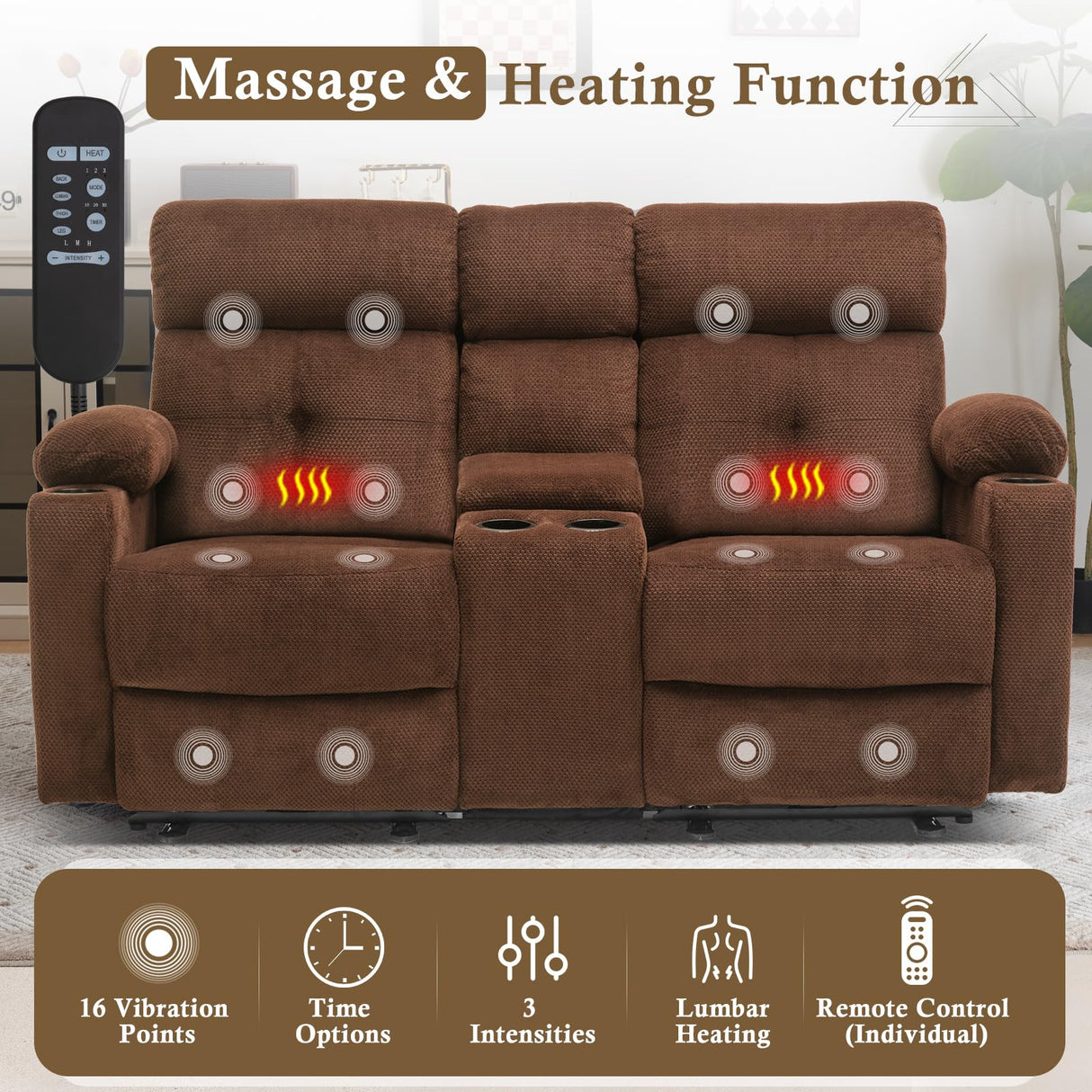 PALLOME Power Loveseat Recliner Sofa with Console, Loveseat Reclining Sofa with Heat & Massage, Home Theater Seating with Lumbar Pillow for Living Room, RV Recliner Loveseat (Velvet, Coffee) PALLOME