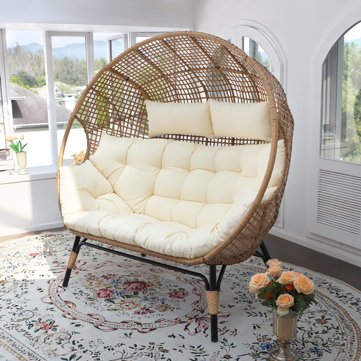 FINCATI Indoor Outdoor Double Egg Chair, 2 Person Oversized Wicker Rattan Stationary Lounge Chair with Legs, 680 lbs Loveseat Boho Egg Basket Chairs for Patio Garden Backyard Living Room Beige FINCATI