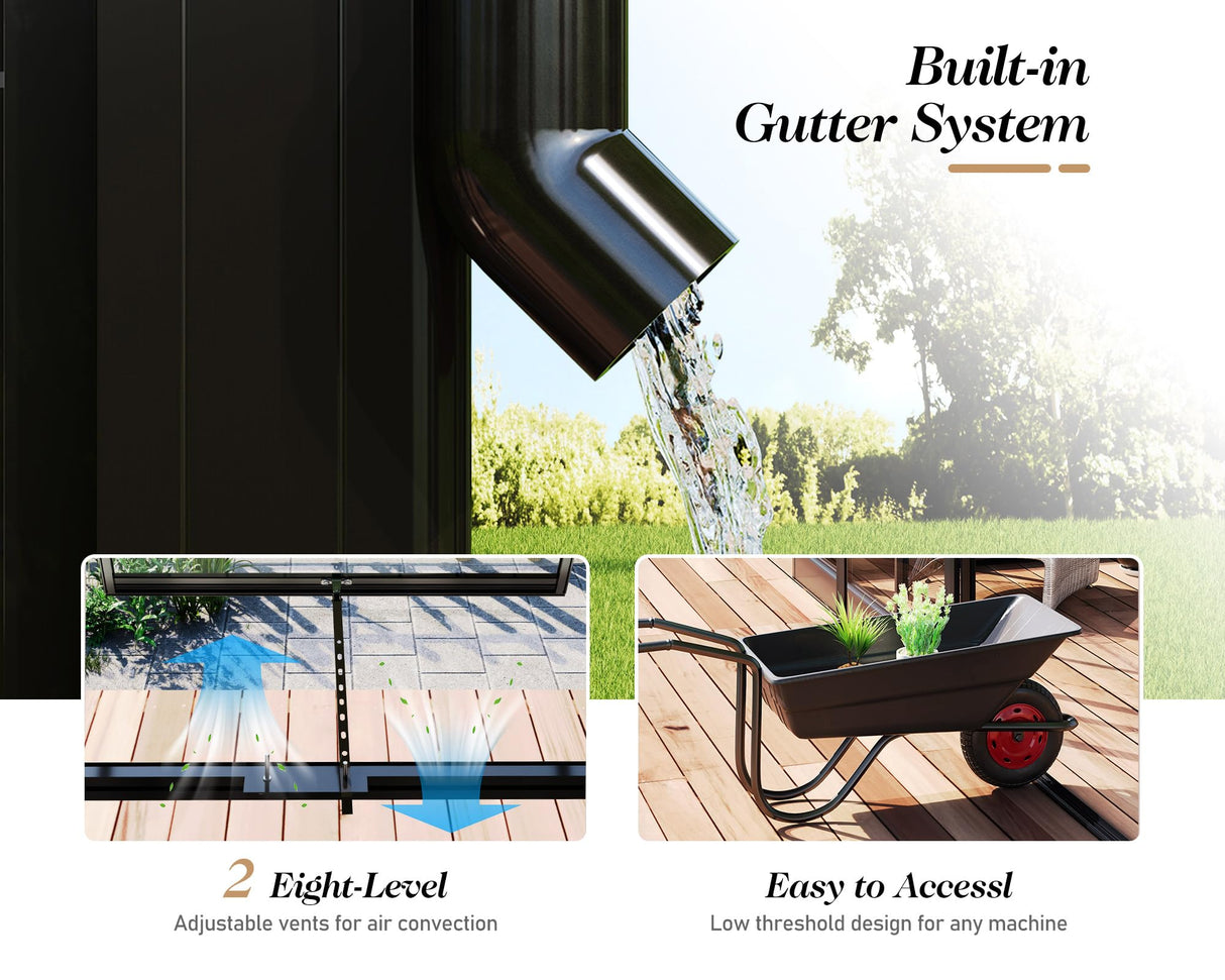 HOWE 14x9.5x9 FT Pavilion Styled Greenhouse with Clear Panels Double Swing Doors, 6 FT Wall Height Hybrid Polycarbonate Greenhouse, Green Houses for Outdoors, Sunroom Black HOWE