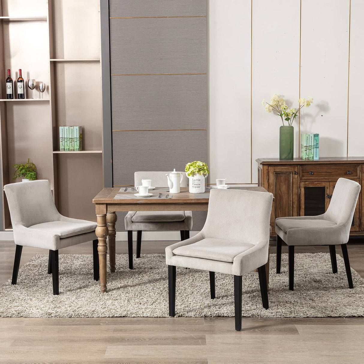 COLAMY Modern Dining Chairs Set of 6, Upholstered Corduroy Accent Side Leisure Chairs with Mid Back and Wood Legs for Living Room/Dining Room-Beige COLAMY