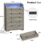 Wodeer Grey Dresser Tall 5 Drawer Dresser for Bedroom, Wood Chest of Drawers with LED Lights, Charging Station, Metal Handles, Modern Storage Cabinet and Organizer Drawers for Living Room, Hallway Wodeer