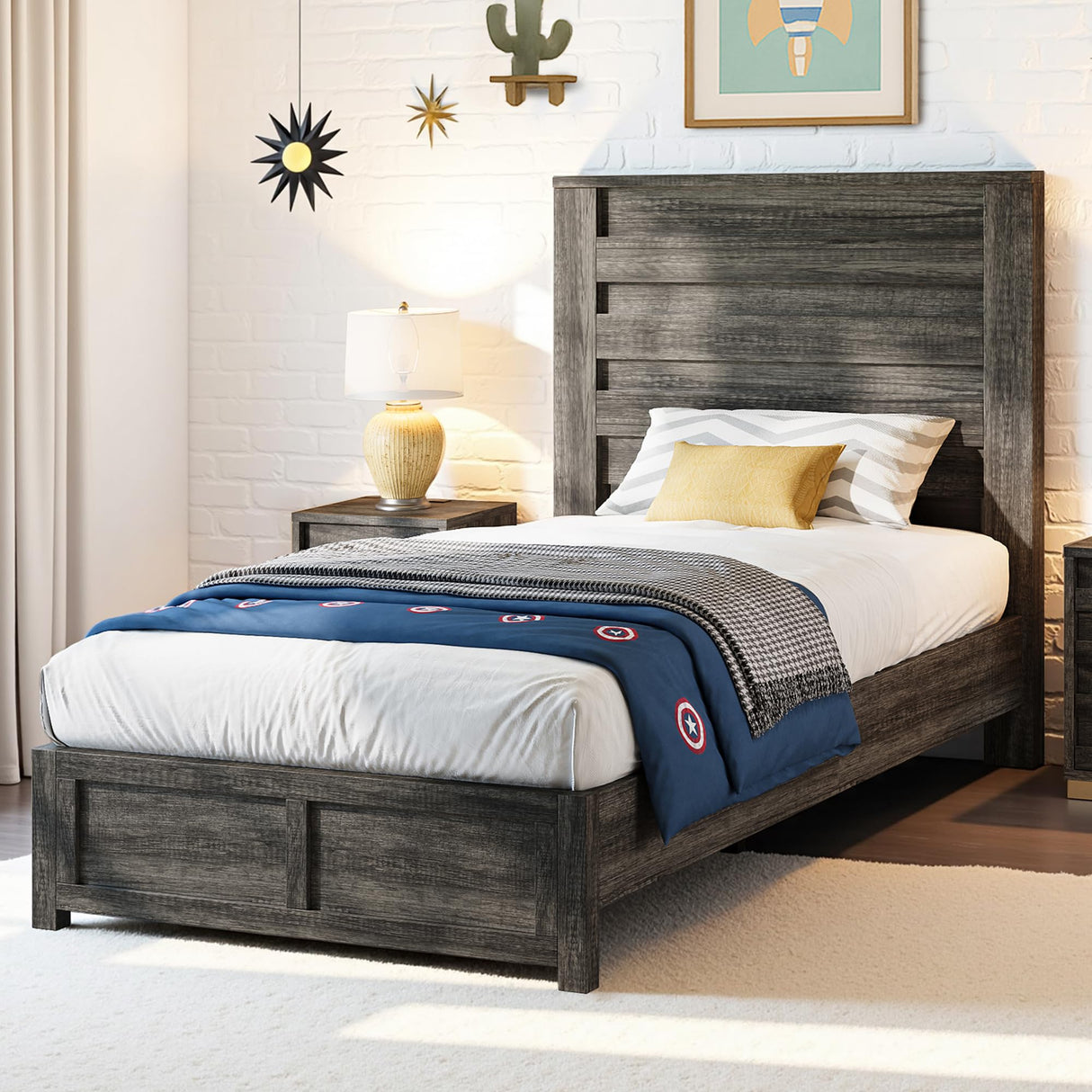 LUXOAK Twin Farmhouse Bed Frame with 49" Fluted Headboard, Wooden Platform Bed with Natural Grain, Noise-Free, No Box Spring Needed, Rustic Grey LUXOAK