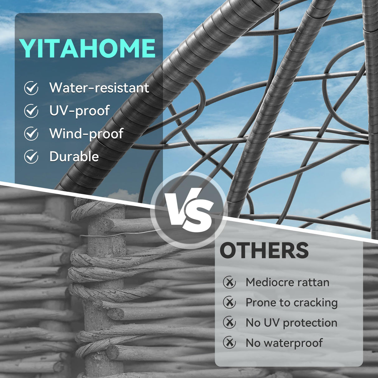 YITAHOME Oversized Wicker Egg Chair for Indoor and Outdoor Use with Stand, Cushion, and Leveling Feet, Large Lounger for Patio, Garden, Backyard, Balcony, Supports up to 330lbs, Grey YITAHOME