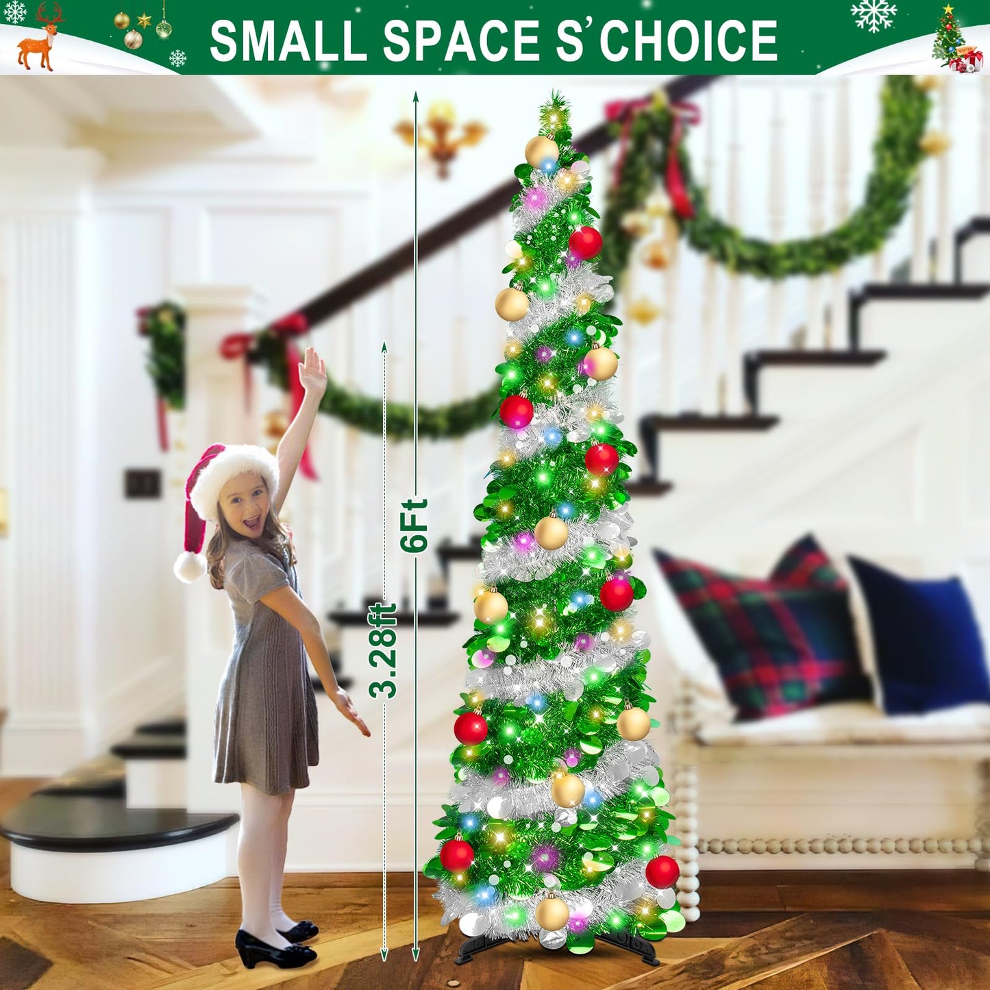 6 Ft Tinsel Christmas Trees - Artificial Christmas Tree ，Collapsible with Timer 100 Lights 15 Balls, Tinsel Pencil Christmas Tree Christmas Decorations for Home Bedroom Fireplace(Green Silver)