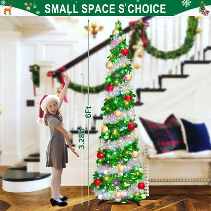 6 Ft Tinsel Christmas Trees - Artificial Christmas Tree ，Collapsible with Timer 100 Lights 15 Balls, Tinsel Pencil Christmas Tree Christmas Decorations for Home Bedroom Fireplace(Green Silver)