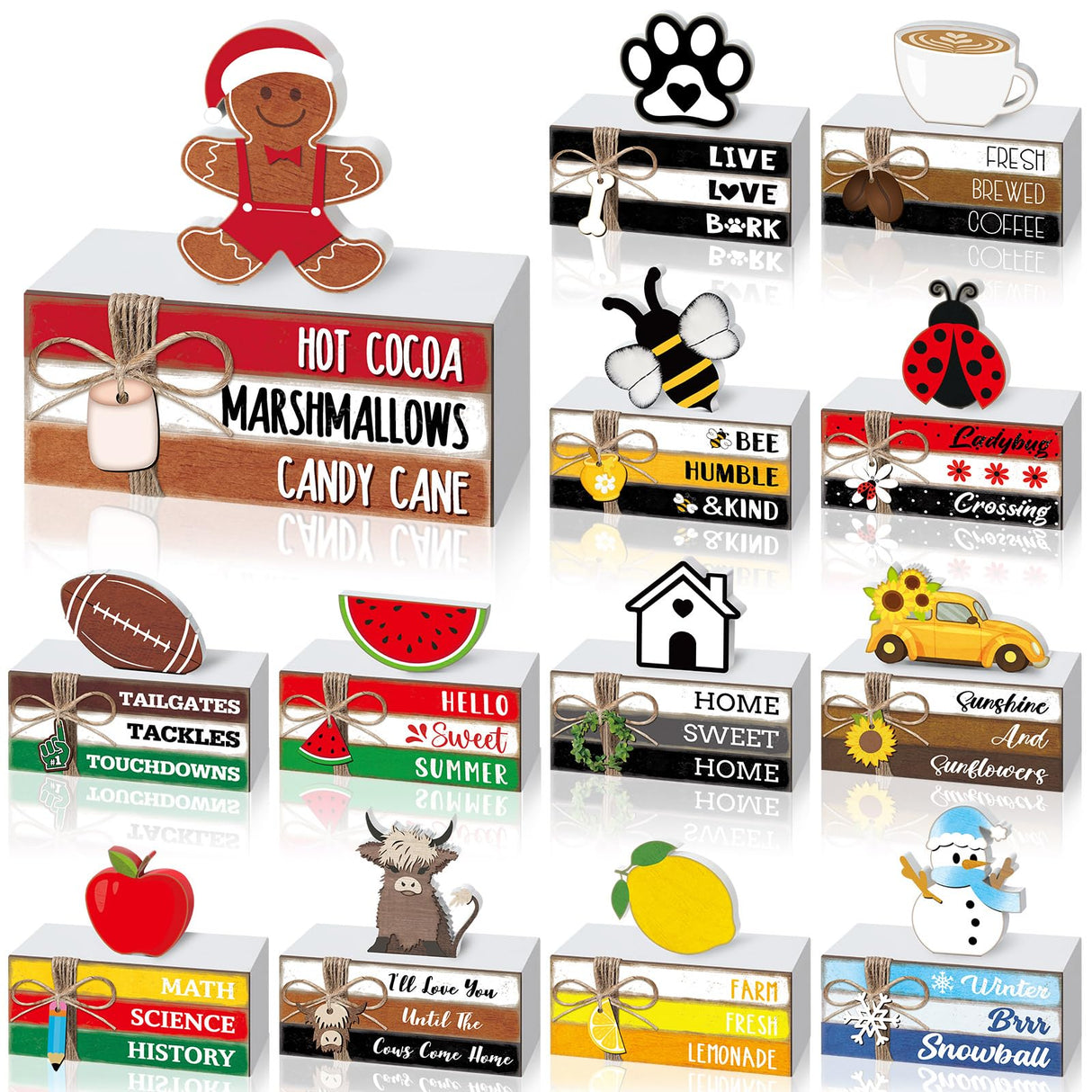 Briwooody 27 Pcs Interchangeable Table Decor Seasonal Bee Lemon Highland Cow Sign Farmhouse Mini Wood Book Stack Spring Summer Tiered Tray Decor for Home Office Desk Shelf Coffee Bar(Classic Style) Briwooody