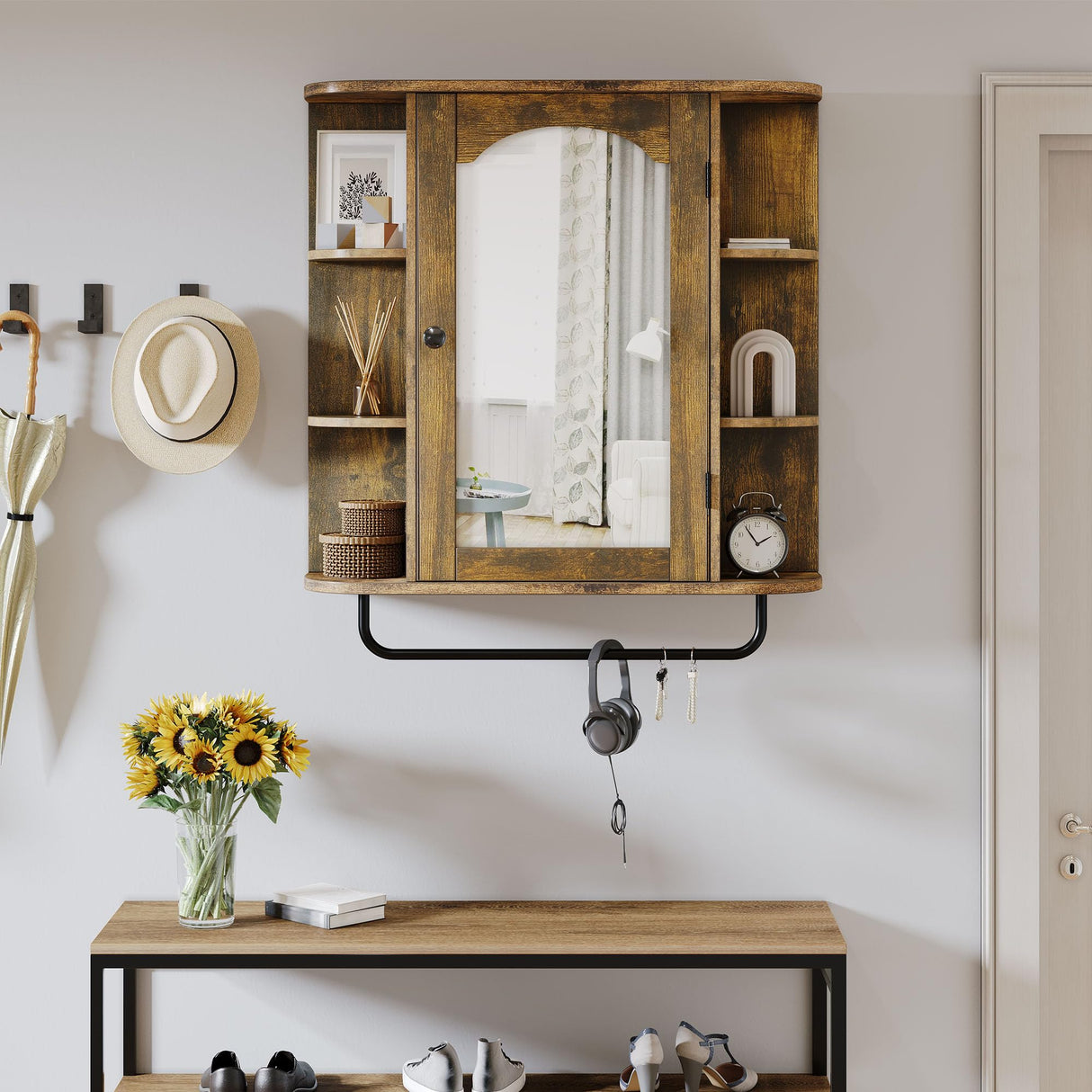 YITAHOME Bathroom Cabinet Medicine Cabinet Organizer, Wall Mounted Cabinet with Mirror Door and Removable Shelf for Bathroom Living Room Laundry Bedroom, Brown YITAHOME