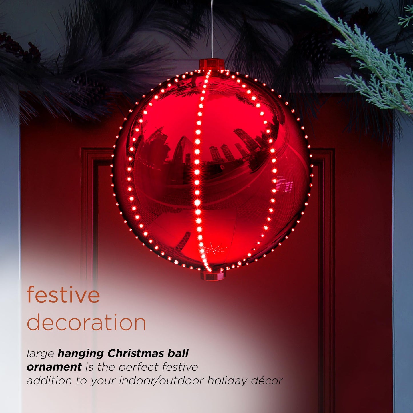 Alpine Corporation 13"H Indoor Large Hanging Christmas Ball Ornament with LED Lights, Red