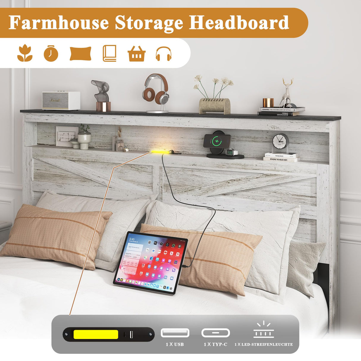 madeslves Farmhouse Wooden Bed Frame Queen Size with Storage Headboard, Boho Platform Bedframe with LED Lights and Charging Station, Metal Slats Support, No Box Spring Needed, White madeslves