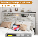 madeslves Farmhouse Wooden Bed Frame Queen Size with Storage Headboard, Boho Platform Bedframe with LED Lights and Charging Station, Metal Slats Support, No Box Spring Needed, White madeslves