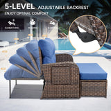 Bellefurn Patio Rattan Daybed, Wicker Recliner Loveseat for Two with Multifunctional Recliner and Stowable Side Tray, 5 Level Adjustable Backrest (Brown Wicker/Blue Cushion) Bellefurn