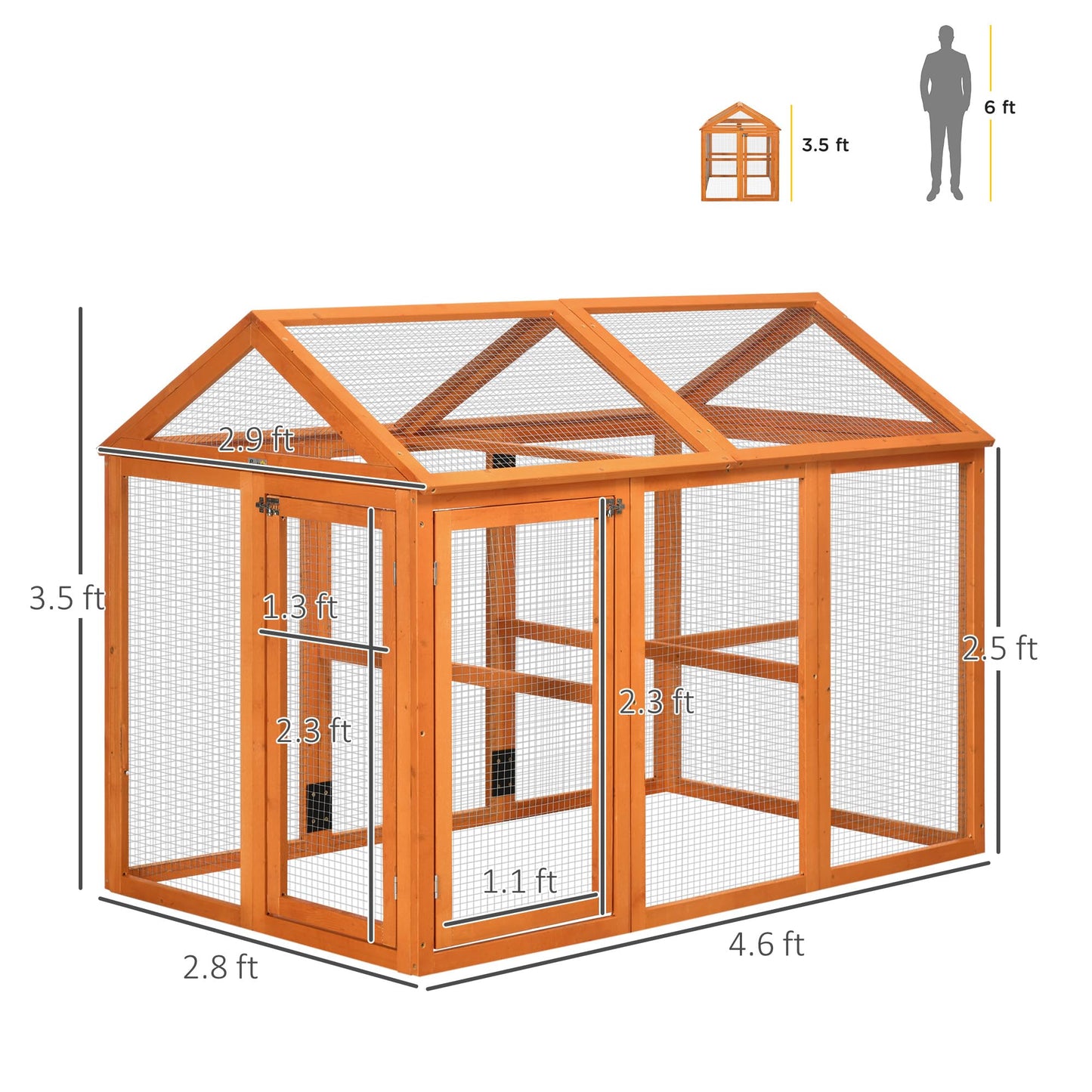 PawHut Chicken Run, Wooden Large Chicken Coop, Combinable Design with Perches & Doors for Outdoor, Backyard, Farm, 4.6' x 2.8', Orange