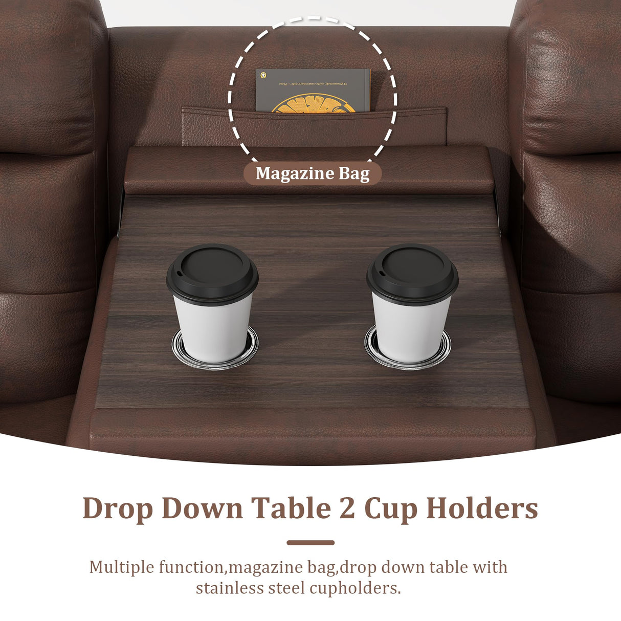 Olodumare Genuine Leather Manual Reclining Sofa with Console, Drop Down Table, Cup Holders and Magazine Bag, 3-Seater Recliner, Mid-Century, for Living Room, Bedroom, Recreation Room-Brown Olodumare