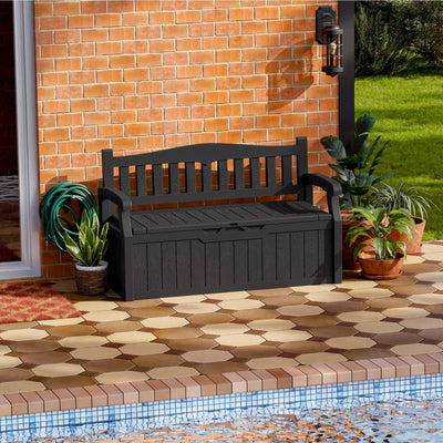 Patiowell 70 Gallon Plastic Storage Bench, Water-Resistant Deck Box for Patio Furniture, Garden Tools, Pool Storage and Outdoor Cushions, Black