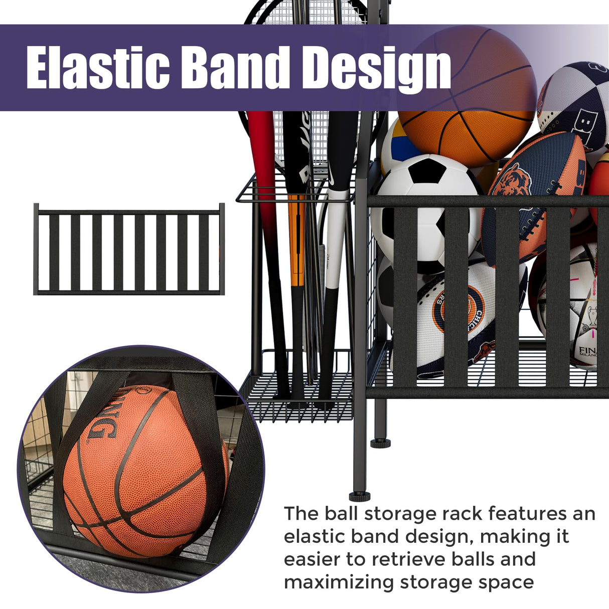 JIRTEMOT Sports Equipment Organizer, Heavy Duty Golf Bags Stand, Extra Large Ball Storage Rack for Garage, Sports Gear Storage with Basket and Hooks, Black JIRTEMOT