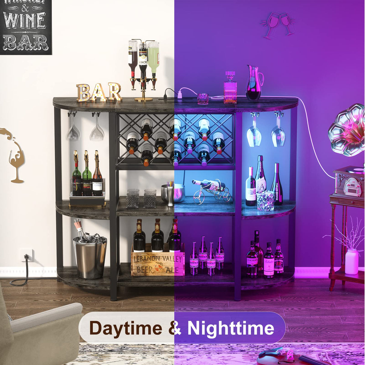 Unikito 4-Tier Metal Coffee Bar Cabinet with Outlet and LED Light, Freestanding Floor Bar Table for Liquor with Glass Holder and Wine Rack Storage, Wine Bakers Rack for Kitchen Dining Room, Gray Oak Unikito