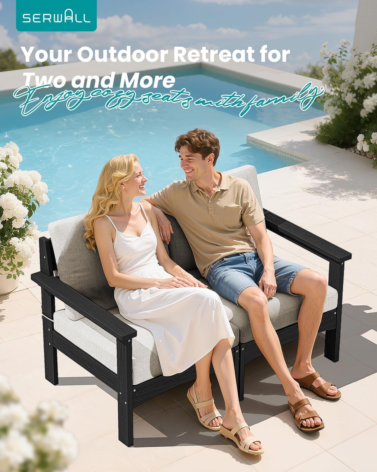 SERWALL HDPE Patio Loveseat Sofa, 2 Pieces Single Sofa, Weather-Resistant Outdoor Furniture Chair with Thick Removable Cushion, Balcony, Garden, Backyard, Poolside, Black Frame with Khaki Cushion SERWALL