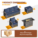 UDPATIO Outdoor Patio Furniture Set with 44" Fire Pit Table, 8 Pieces Sectional Conversation Sets, All-Weather Wicker Rattan Sofa Ottoman with 4" Thick Cushion for Garden Backyard Deck, Navy Blue UDPATIO