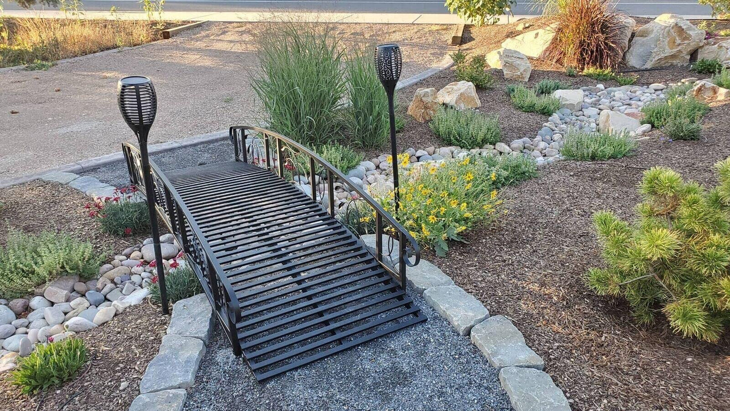 Kinfant Outdoor Metal Garden Bridge - 8 Ft Decorative Iron Landscape Bridge with 2 Safety Siderails, for Pond, Creek, Stream - WoodArtSupply