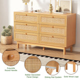 Bliss Homey 6 Drawer Dresser for Bedroom, Rattan Natural Wooden Dresser, 48" Wide Boho Chest of Drawers, Double Dresser with Wood Storage Organizer for Closet, Living Room, Hallway Bliss Homey