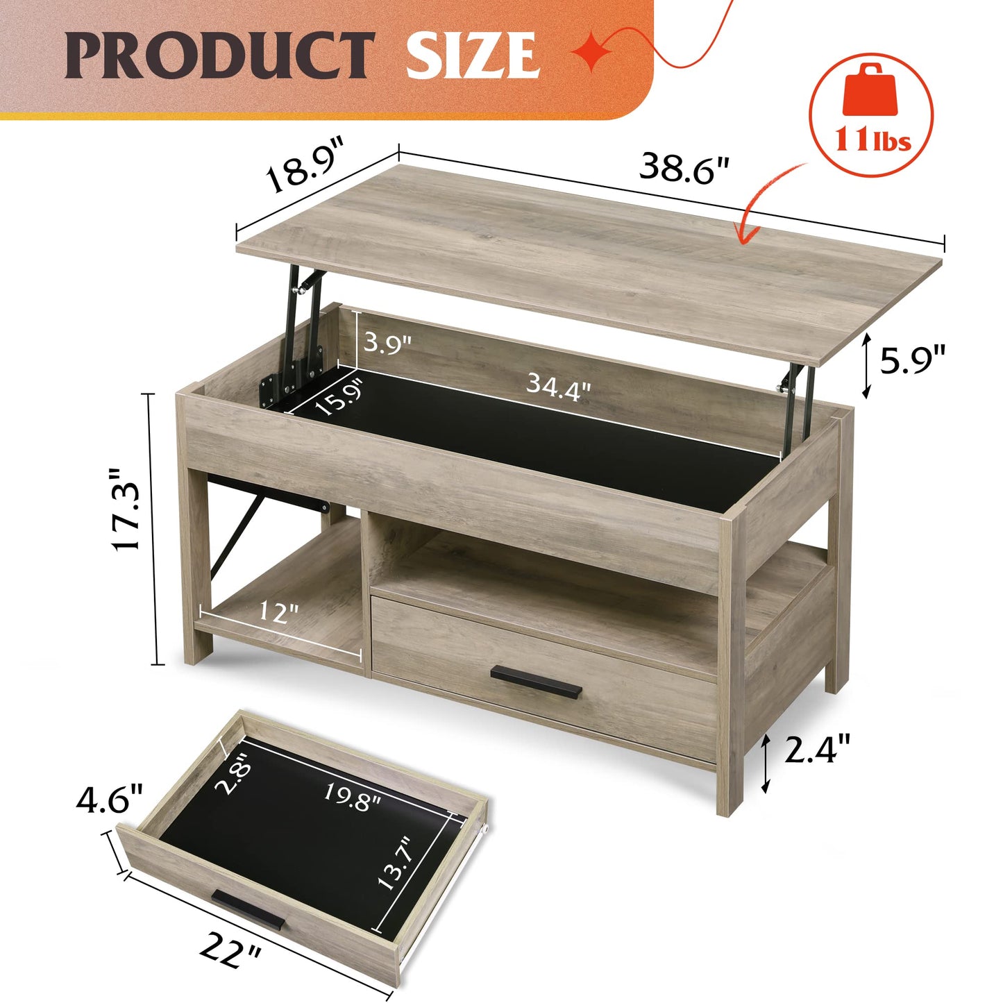 WLIVE Lift Top Coffee Table for Living Room,Coffee Table with Storage,Hidden Compartment and Metal Frame, Central Table for Reception Room,Grey - WoodArtSupply