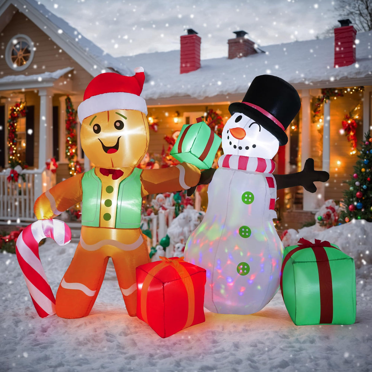 COOLWUFAN 6 FT Christmas Decorations Outdoor Inflatables Gingerbread Man Snowman Blow Up Yard Decor, Outdoor Inflatables Decorations with Rotating LED Light for Garden Patio Lawn Holiday Party Xmas COOLWUFAN
