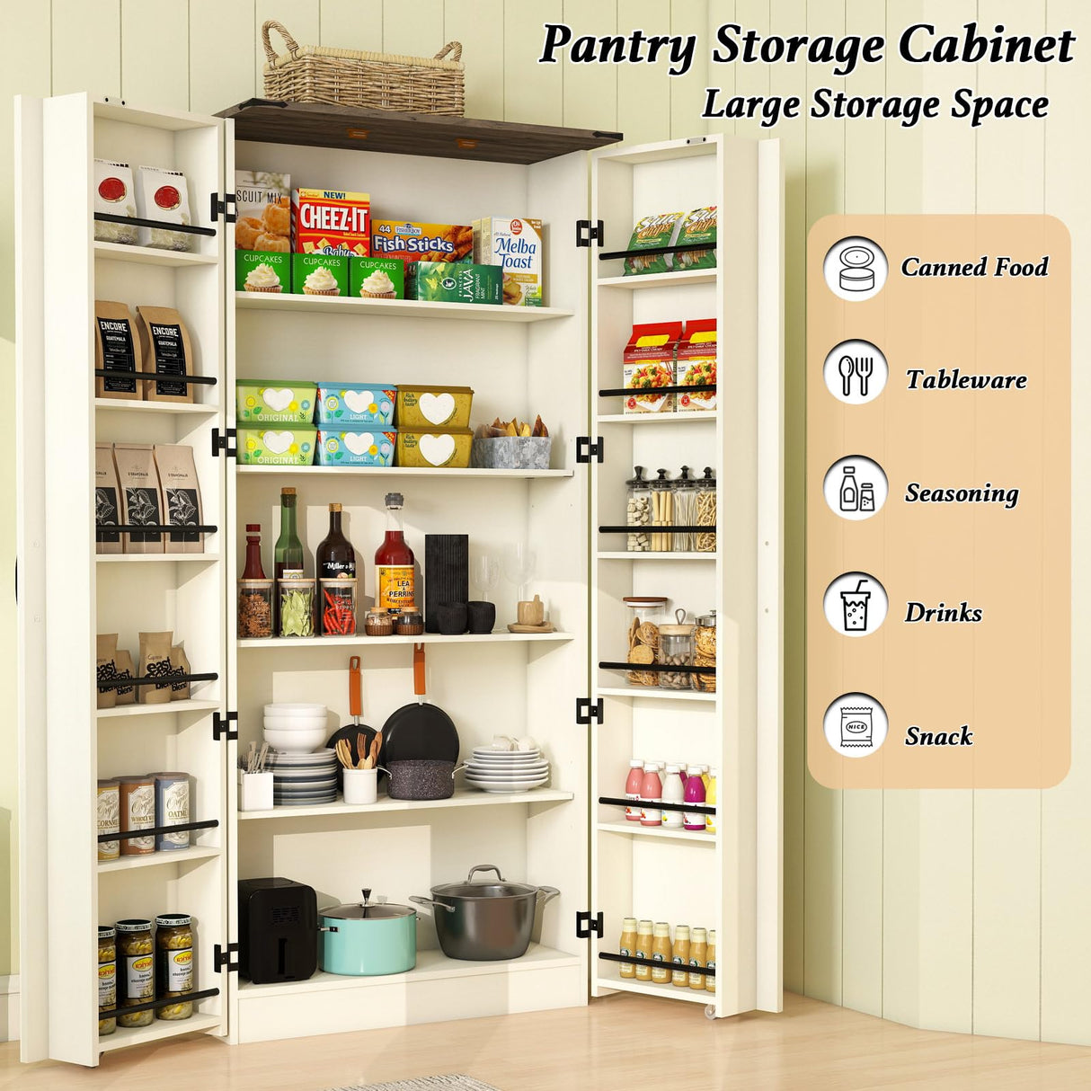 Vrmuxita Tall Kitchen Pantry Cabinet: Food Pantry Cabinets for Kitchen Storage, Off White Wood Storage Cabinet with 2 Doors, Farmhouse Cabinets with Freestanding Cupboard Vrmuxita