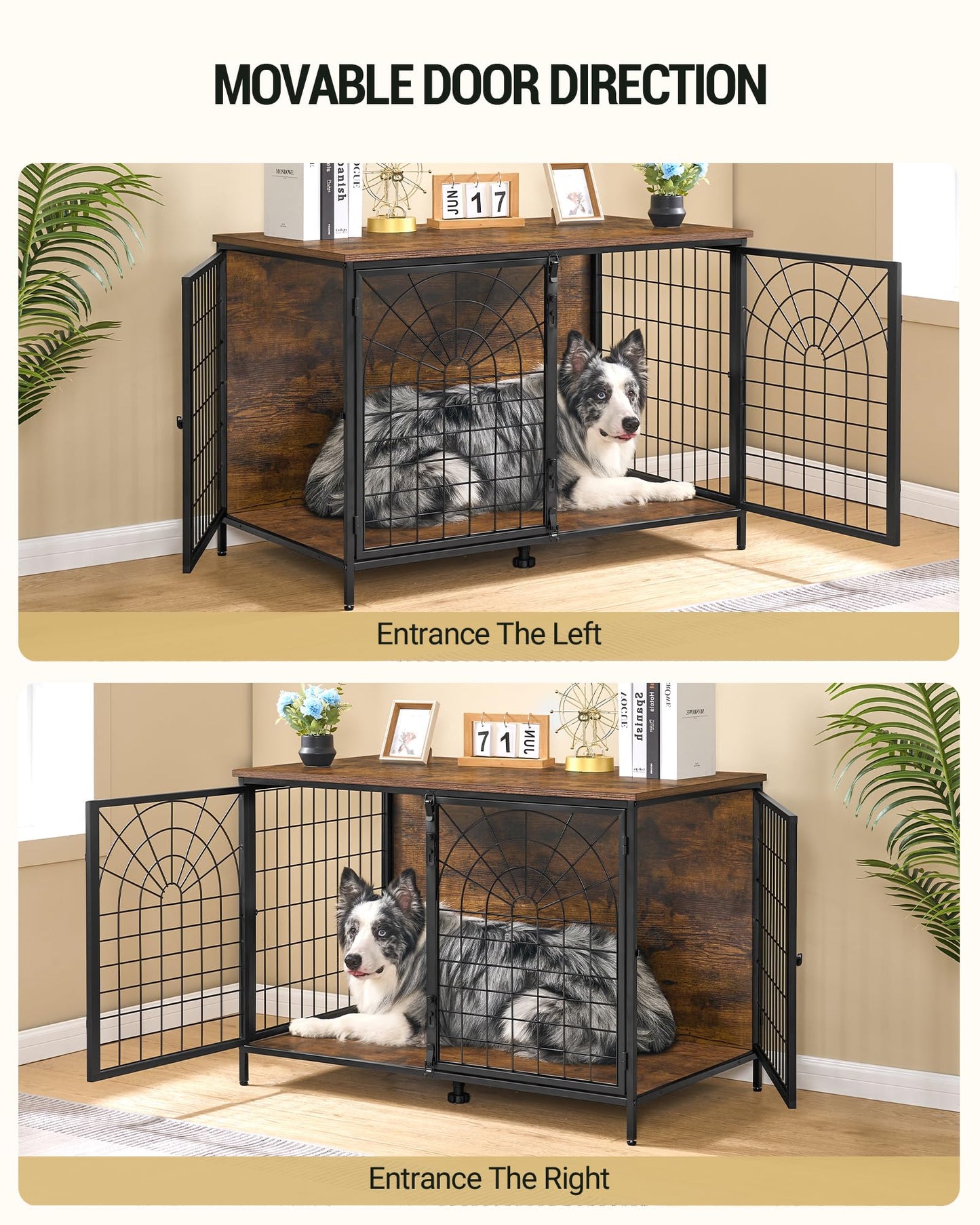 Hzuaneri 39.4" Dog Crate Furniture, 176lbs Heavy Duty Dog Kennels Indoor, End Side Table, TV Cabinets, Quadra-Door Wooden Dog Crate for Small to Large Dogs, Chew-Resistant, Brown and Black DF - WoodArtSupply