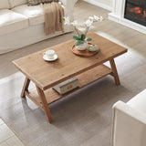 Farmhouse Coffee Table,Solid Wood Center Tables with Storage Shelves & Sturdy A-Shaped Legs, Modern Rustic 2-Tier Rectangular Table for Living Room and Office, Natural WINWY