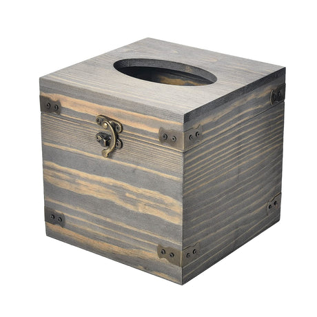 ExoLiry Rustic Gray Vintage Wood Square Facial Tissue Paper Box Metal Corner Brackets Hinged Lid Hook Lock Latch Top Cover Distressed Wooden Holder Napkin Dispenser Bathroom Kitchen Bedroom ExoLiry