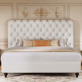 DWVO Queen Size Platform Bed Frame with 54" Tall Headboard, PU Leather Upholstered Platform Bed with Solid Wood Leg, Button Tufted, No Box Spring Needed, Easy Assembly, Beige DWVO