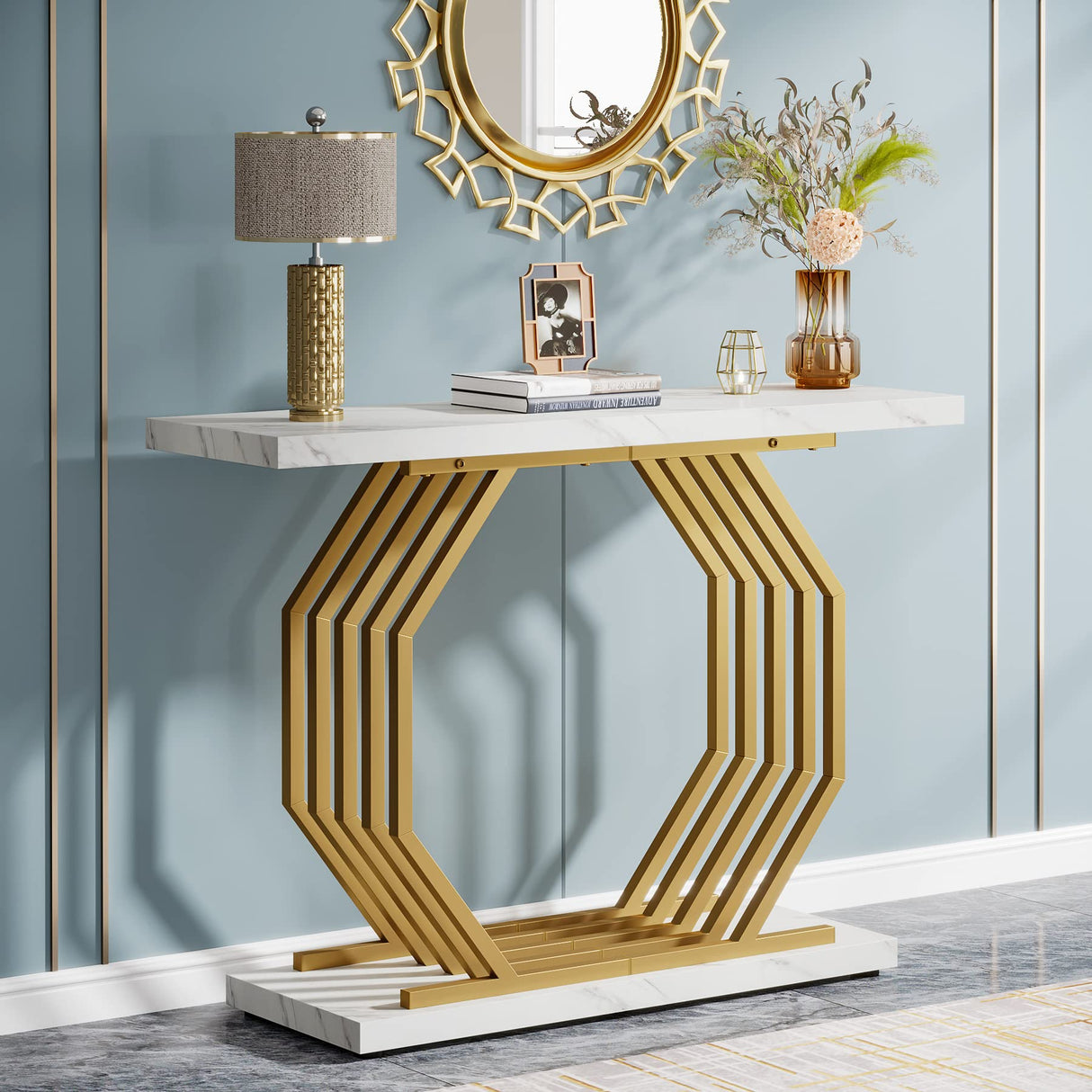 Tribesigns Gold Console Table, Faux Marble Entryway Narrow Sofa Table with Geometric Metal Base, 40 Inch Modern Accent Entrance Table for Living Room, Hallway, Foyer, White and Gold Tribesigns