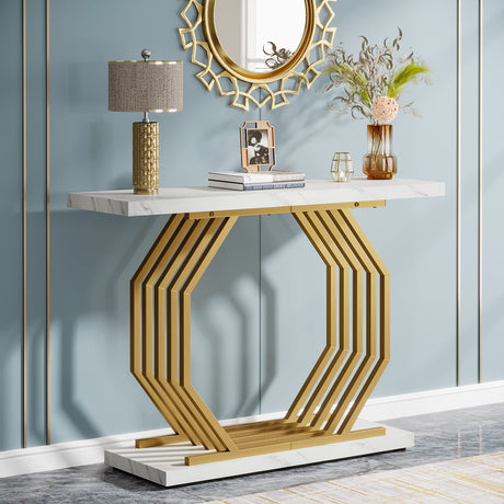 Tribesigns Gold Console Table, Faux Marble Entryway Narrow Sofa Table with Geometric Metal Base, 40 Inch Modern Accent Entrance Table for Living Room, Hallway, Foyer, White and Gold Tribesigns