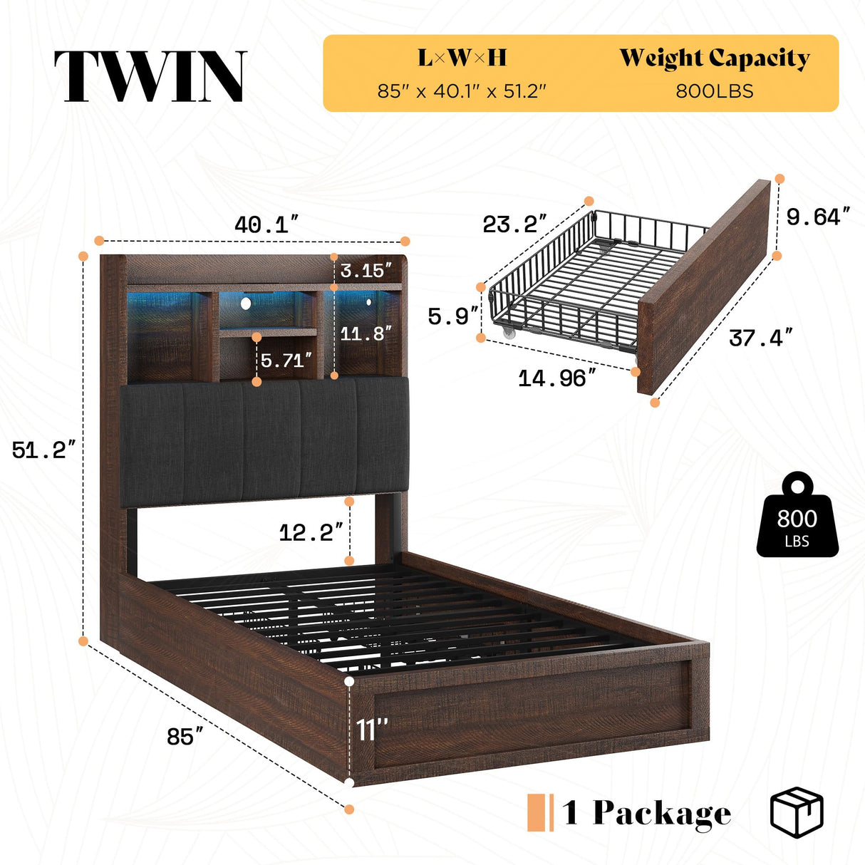 LUXOAK Twin Farmhouse Bed Frame with Bookcase Headboard and 4 Drawers, LED Storage Bed with Charging Station & Linen Upholstered, No Box Spring Needed, Reclaimed Barnwood LUXOAK