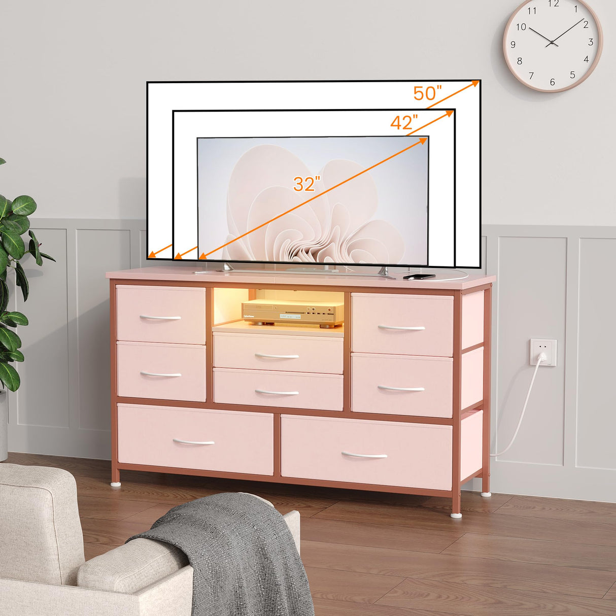 Dresser TV Stand with Power Outlet & LED Lights for 55'' TV，8 Drawers Entertainment Center, Fabric Chest of Drawers with Wood Top, TV Stands for Bedroom, Living Room, Pink SunnyFurn