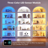 SKKTKT Arch Bookcase - 5 Tiers Bookshelf with 3 Colors LED Sensor Lights and Thickened Wooden Design Display Shelf for Lego Books Bathroom Living Room - Ideal Gift (White) SKKTKT