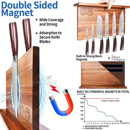 XYJ Extra Large Magnetic Knife Block Acacia Wood Knife Set Holder Stand With Stronge Magnetic Strip Kitchen Knives Storage Rack Organizer Tools No Drilling