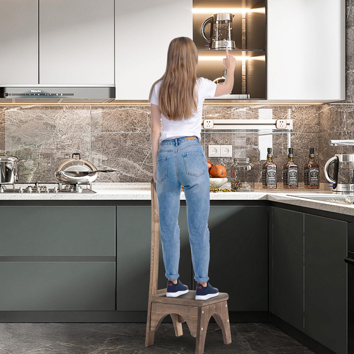 Heavy Duty Wooden Step Stool with Handle, Besuerte Vintage Step Stool with 32.75" Tall Handle for Bathroom, Kitchen, No Need to Bend Your Back to Pick Up Single Step Stool (Walnut) Besuerte