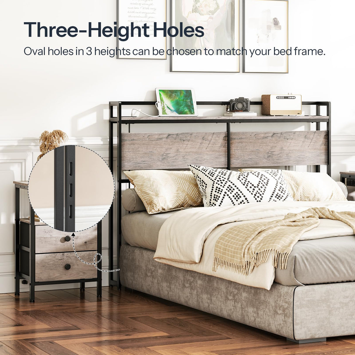 HOOBRO Full Size Headboard, Headboard with 2 Outlets and 4 USB Ports, Adjustable Height, Storage Rack, Sturdy and Stable, Easy Assembly, Greige and Black HOOBRO
