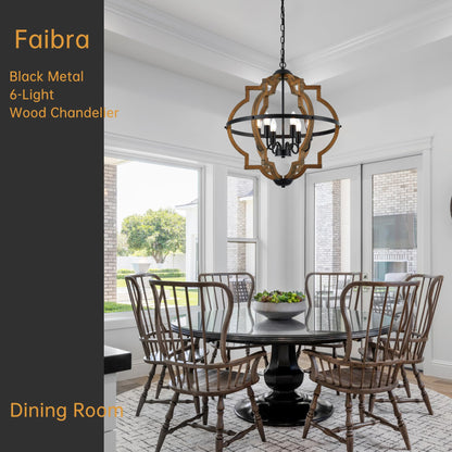 Faibra 6-Light Farmhouse Wood Pendant Light,22.83'' Vintage Rustic Brown Oak Wood Chandeliers,Retro Industrial Hanging Light Fixtures for Dining Room Entryway, Bedroom