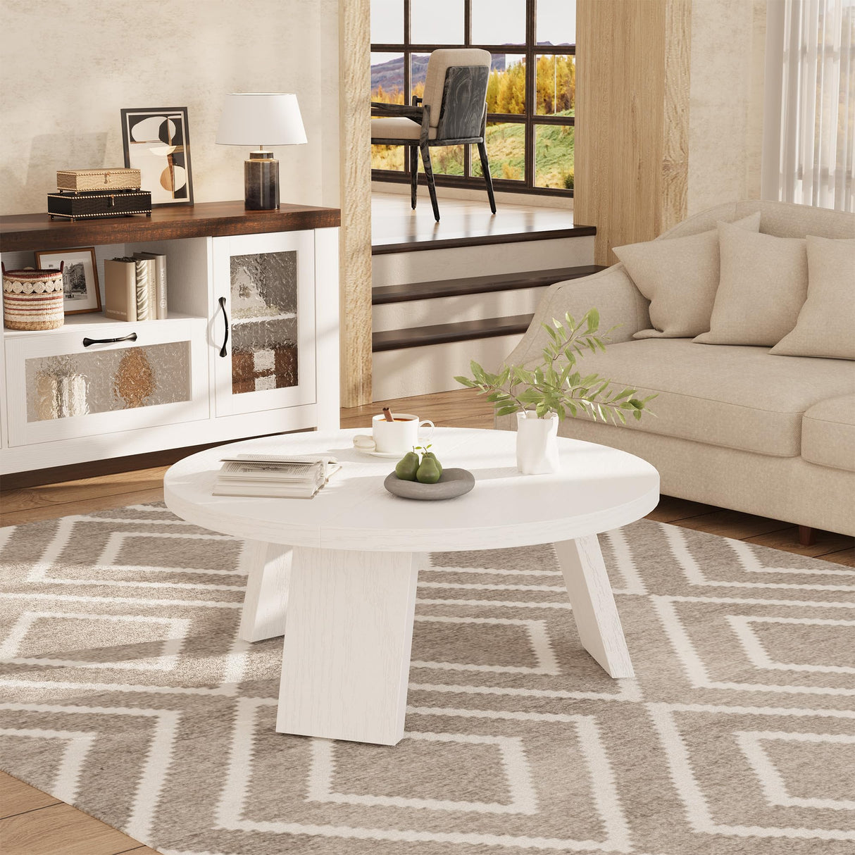 GarveeHome Round Coffee Table, Farmhouse Small Wooden Coffee Table with 3 Strong Legs, Easy Assembly, 33.5'' x 15.7'', White GarveeHome