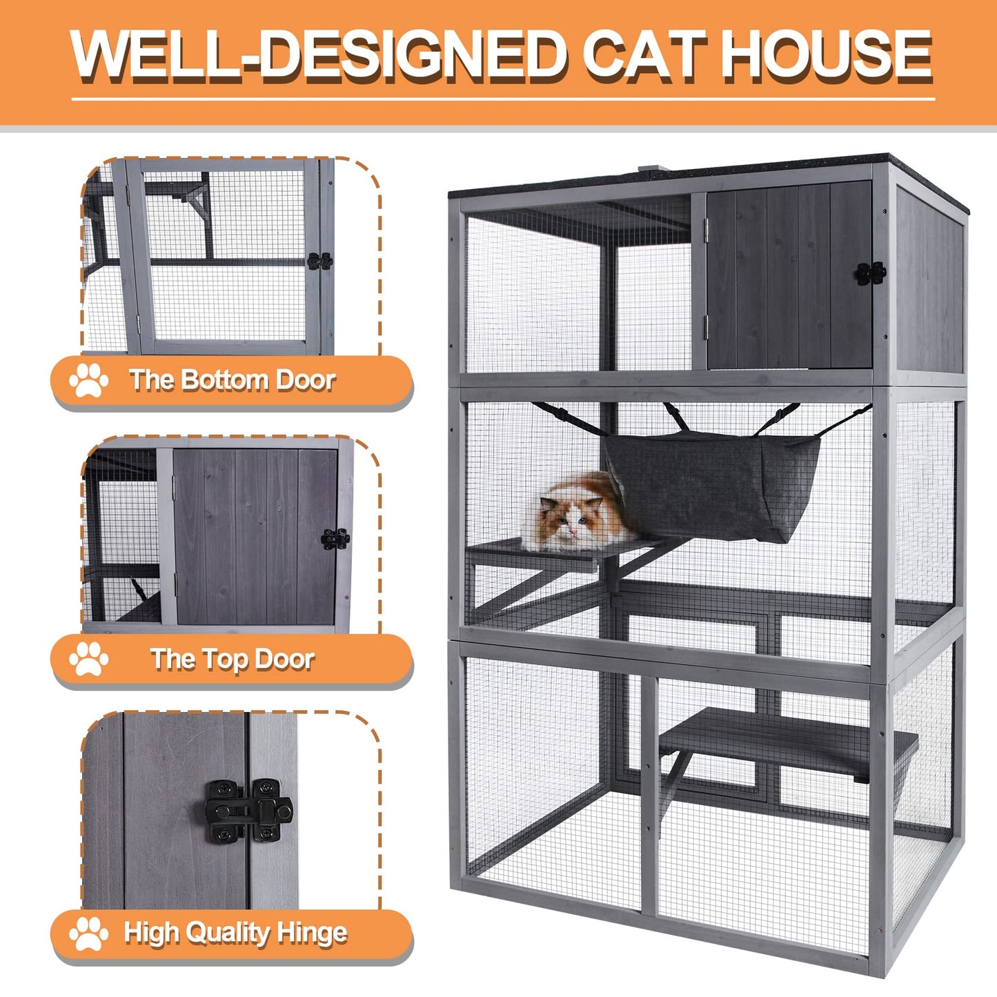 X-ZONE PET Catio Wooden Cat House, Outdoor 3 Floors Cat Enclosure, Indoor Large Kitten playpen with Hammock & Resting Box, Cat Cage Waterproof Roof - WoodArtSupply