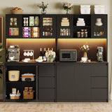 GarveeHome 71" Tall Kitchen Pantry Cabinet, Kitchen Storage Hutch with Led Lights and Power Outlets, Microwave Stand, Glass Door, Adjustable Shelves, Handless Design, Black GarveeHome