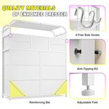 EnHomee White Dresser,11 Drawer Dresser for Bedroom with LED Lights & Charging Station, Fabric Dressers & Chest of Drawers,2 Tier Wooden Shelves, 4 Hooks, Dresser for Bedroom,Entryway,Sturdy Frame EnHomee