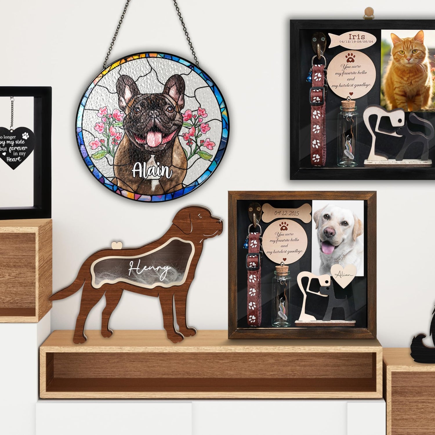 vinatimes 8.6'' Pet Memorial Gift Shadow Box Black Collar Holder Picture Frame Pet Paw Ink Kit Dog Wooden Sculpture Bottle Rainbow Pet Hair Keepsake Gift Loss of Dog Cat Tabletop Wall Hanging PSD-4B vinatimes