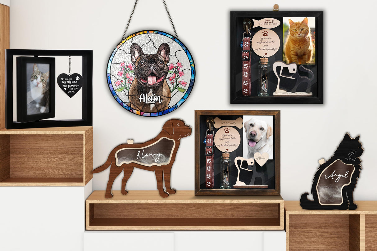 vinatimes 8.6'' Pet Shadow Box Memorial Gift Rustic Collar Holder Picture Frame Paw Print Kit Dog Wooden Sculpture Pet Ashes Fur Jar Rainbow Sympathy Gift for Pet Lover Tabletop Wall Hanging PSD-4R vinatimes